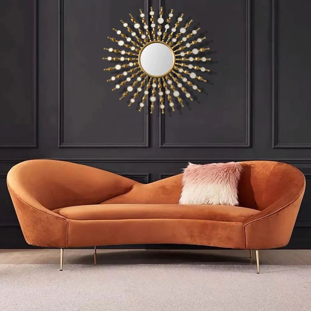 Modern Orange Velvet Upholstered Large 3-Seater Curved Sofa