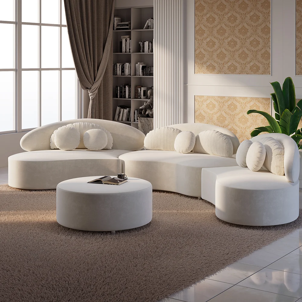 4-Piece Curved Velvet Sectional Sofa with Ottoman & Pillows - Image 2