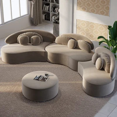 4-Piece Curved Velvet Sectional Sofa with Ottoman & Pillows - Image 7