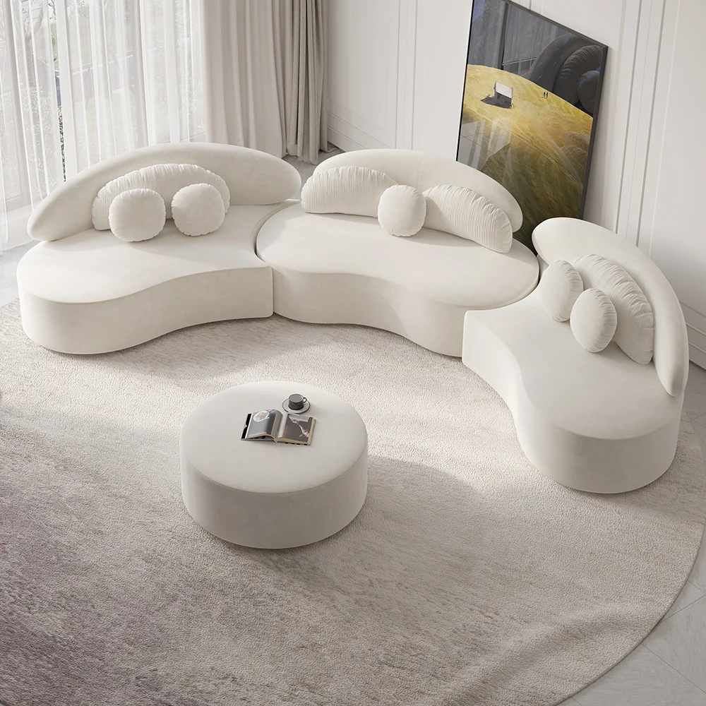 4-Piece Curved Velvet Sectional Sofa with Ottoman & Pillows - Image 4