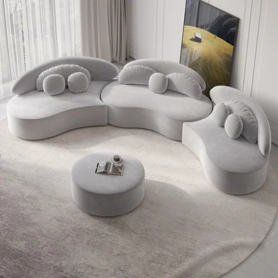 4-Piece Curved Velvet Sectional Sofa with Ottoman & Pillows - Image 6