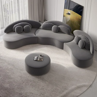 4-Piece Curved Velvet Sectional Sofa with Ottoman & Pillows - Image 5