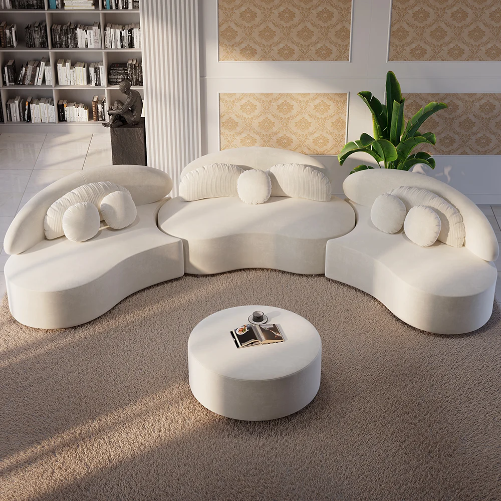 4-Piece Curved Velvet Sectional Sofa with Ottoman & Pillows - Image 3