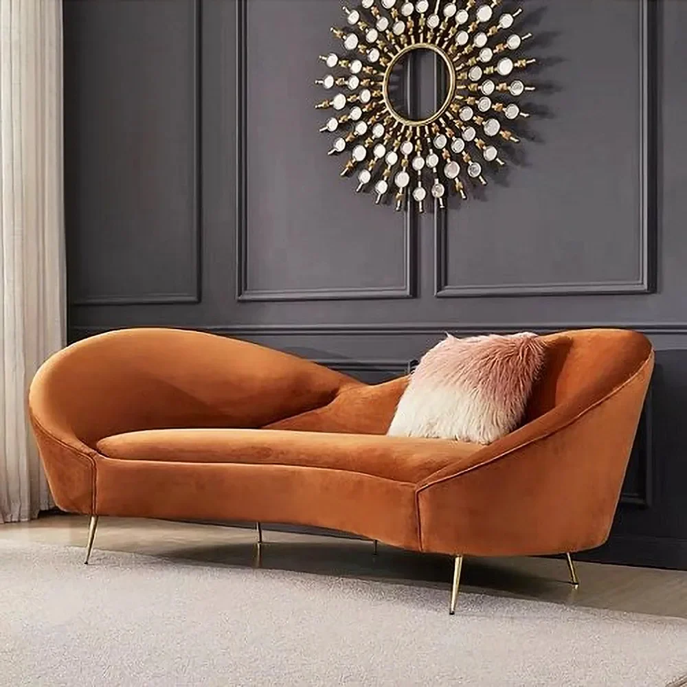 Modern Orange Velvet Upholstered Large 3-Seater Curved Sofa - Image 2