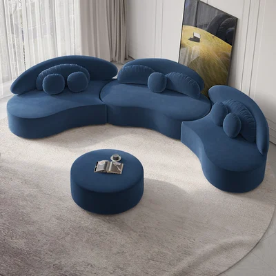 4-Piece Curved Velvet Sectional Sofa with Ottoman & Pillows - Image 9