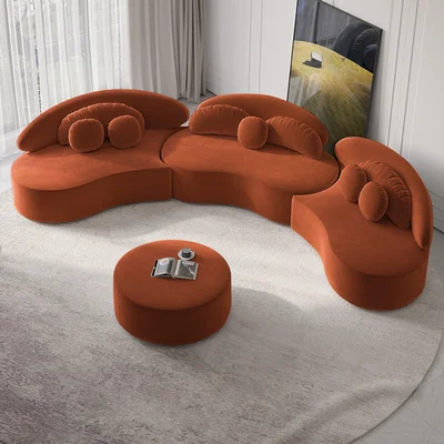4-Piece Curved Velvet Sectional Sofa with Ottoman & Pillows - Image 8